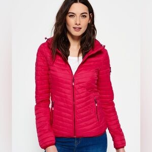 SUPERDRY FUJI British Design Quilted Hooded Puffer Coat in Cerise Pink Size UK M